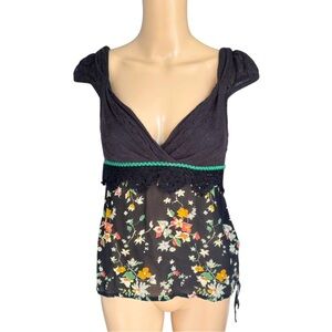 VINTAGE FREE PEOPLE BABYDOLL TOP SILK COTTON BLEND FLORAL PRINT CAP SLEEVE SZ2
